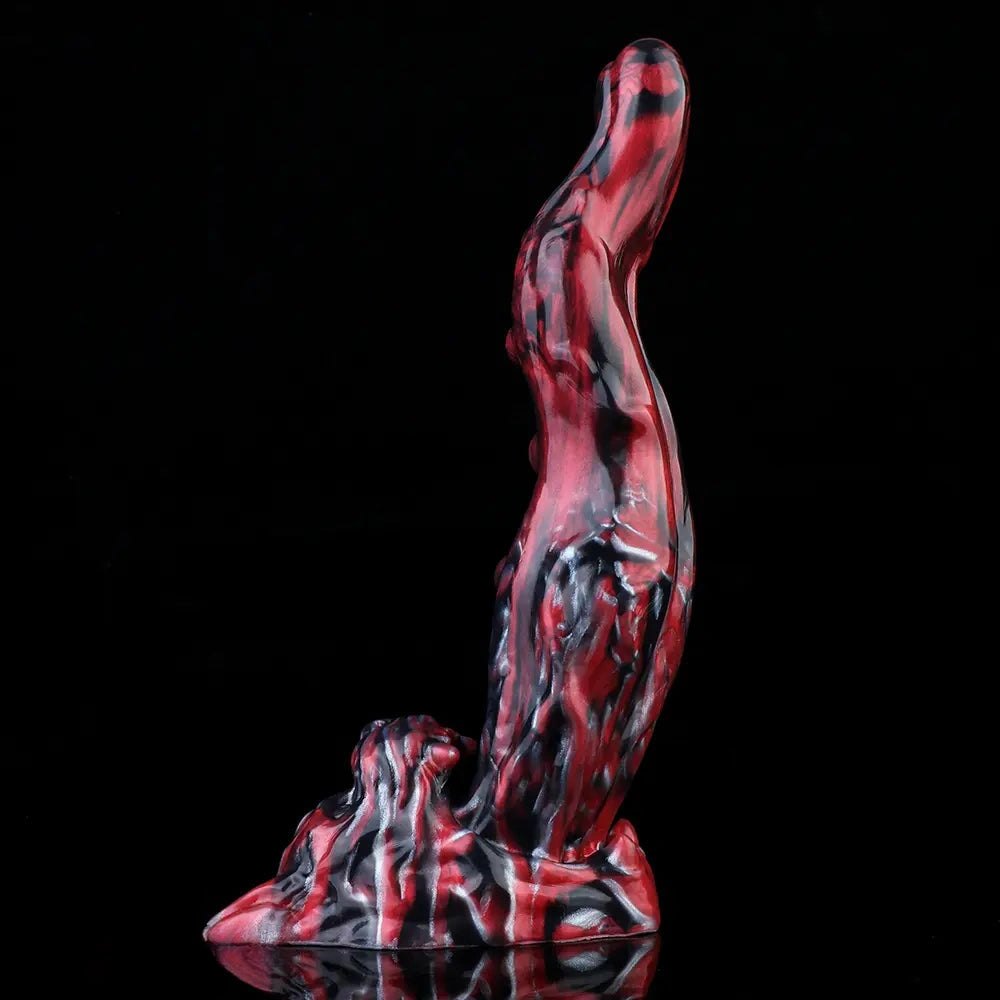 Red and black marbled silicone creature fantasy dildo, photo 13