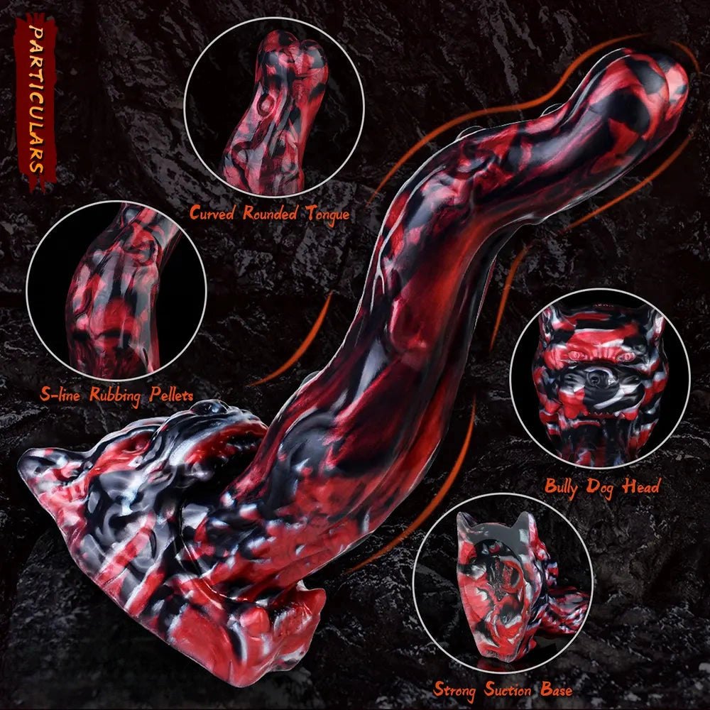 Red and black marbled silicone creature fantasy dildo, photo 14