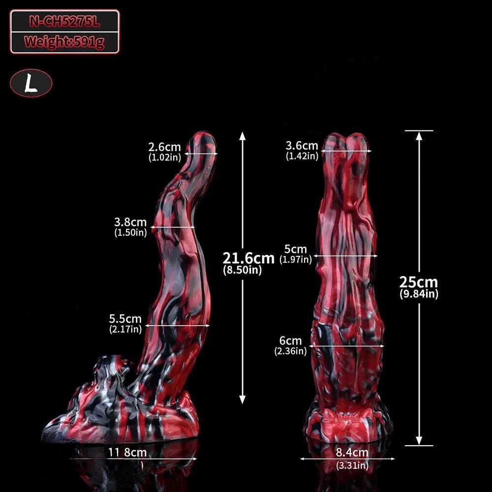 Red and black marbled silicone creature fantasy dildo, photo 16