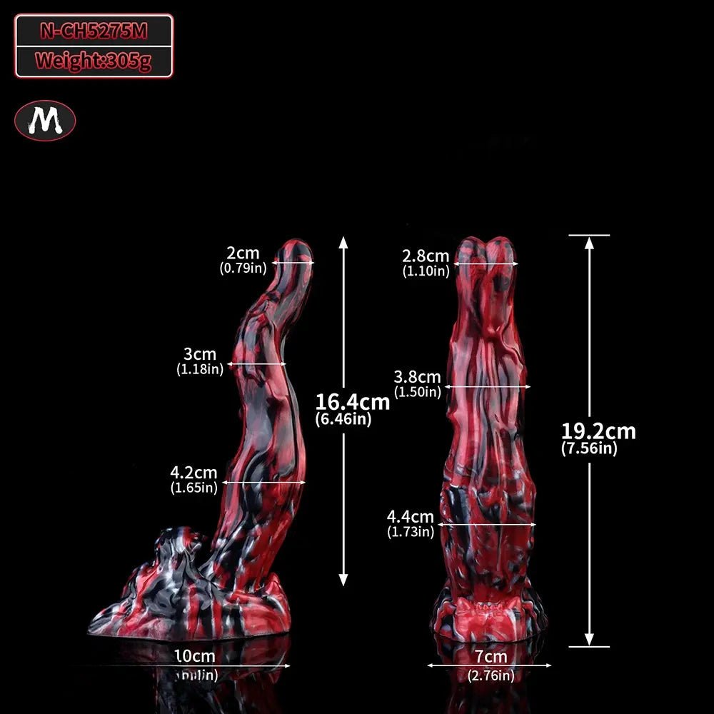 Red and black marbled silicone creature fantasy dildo, photo 17