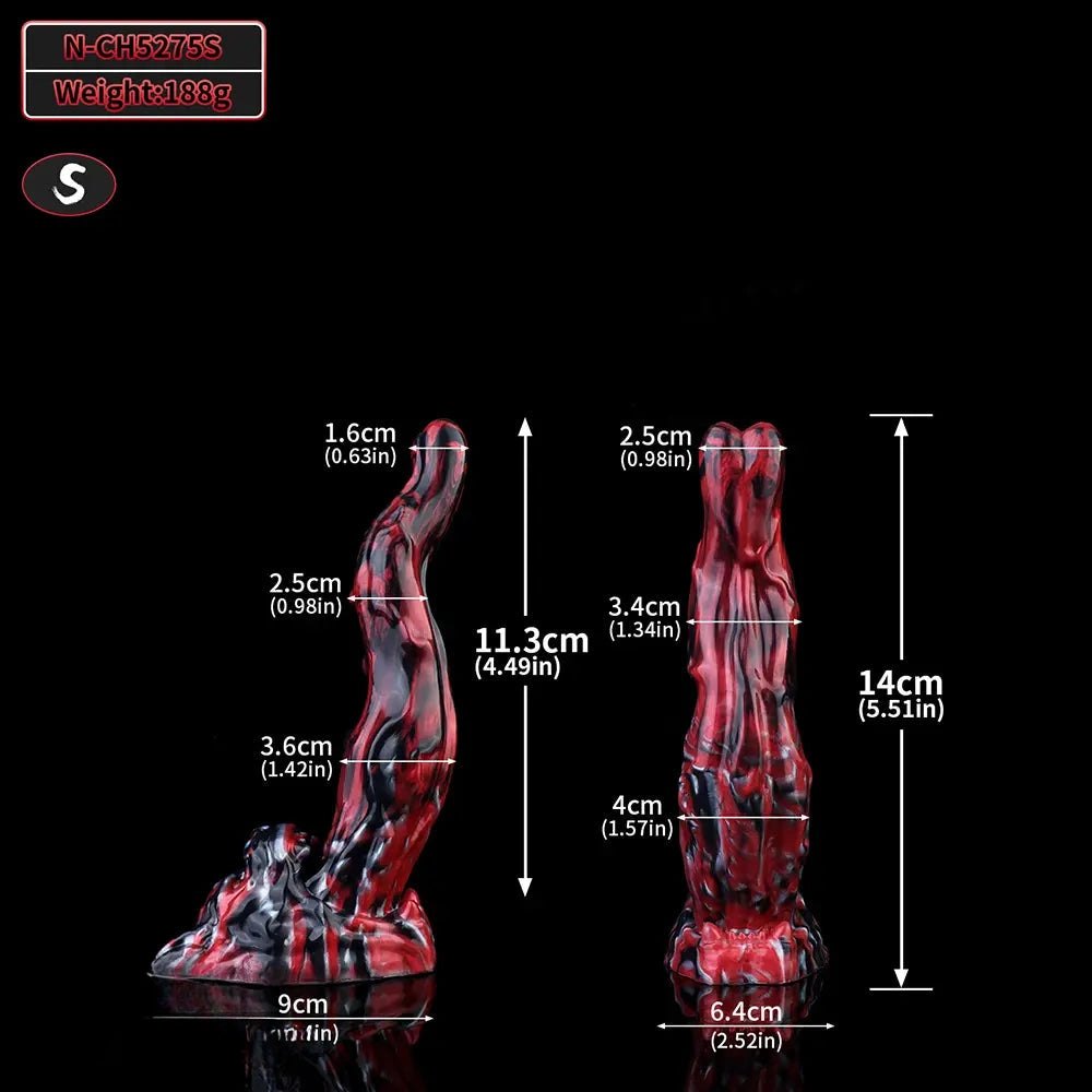 Red and black marbled silicone creature fantasy dildo, photo 18