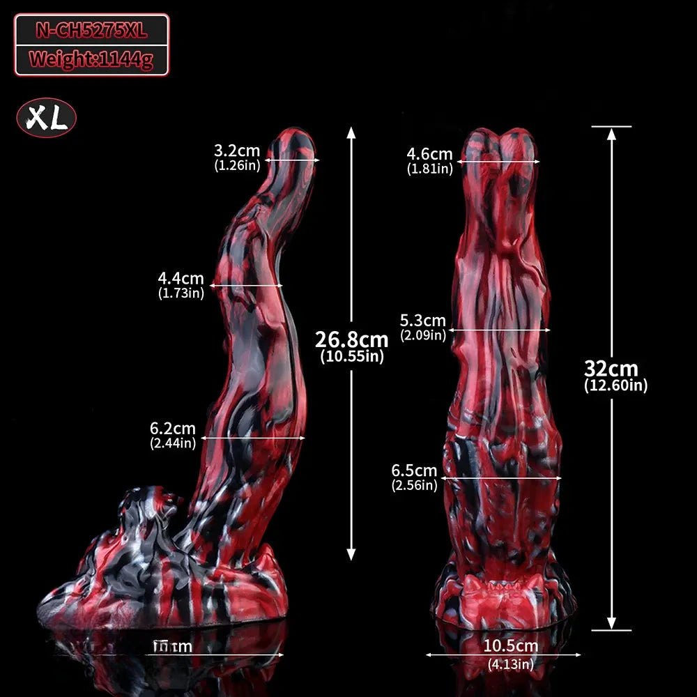 Red and black marbled silicone creature fantasy dildo, photo 19