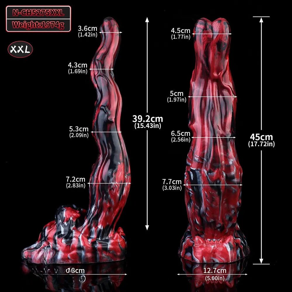 Red and black marbled silicone creature fantasy dildo, photo 20