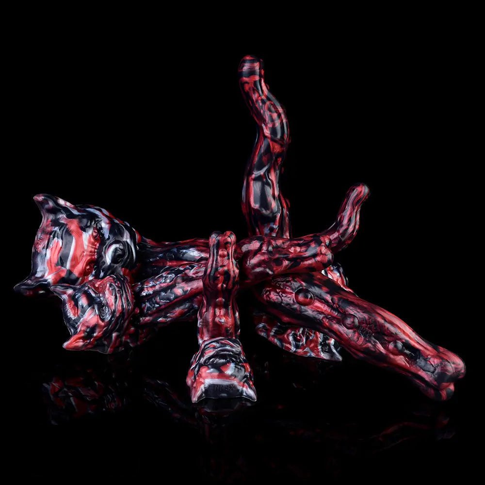 Red and black marbled silicone creature fantasy dildo, photo 3