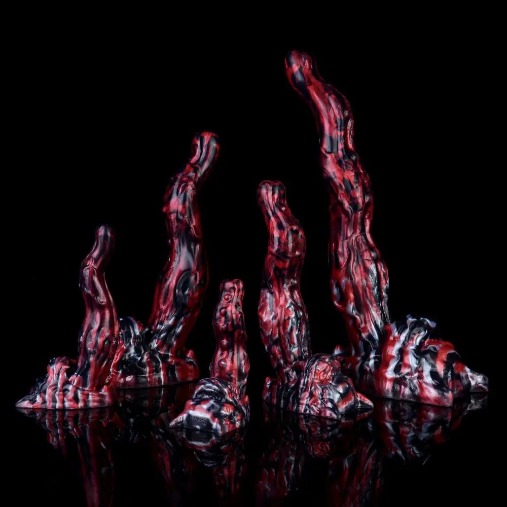 Red and black marbled silicone creature fantasy dildo, photo 4