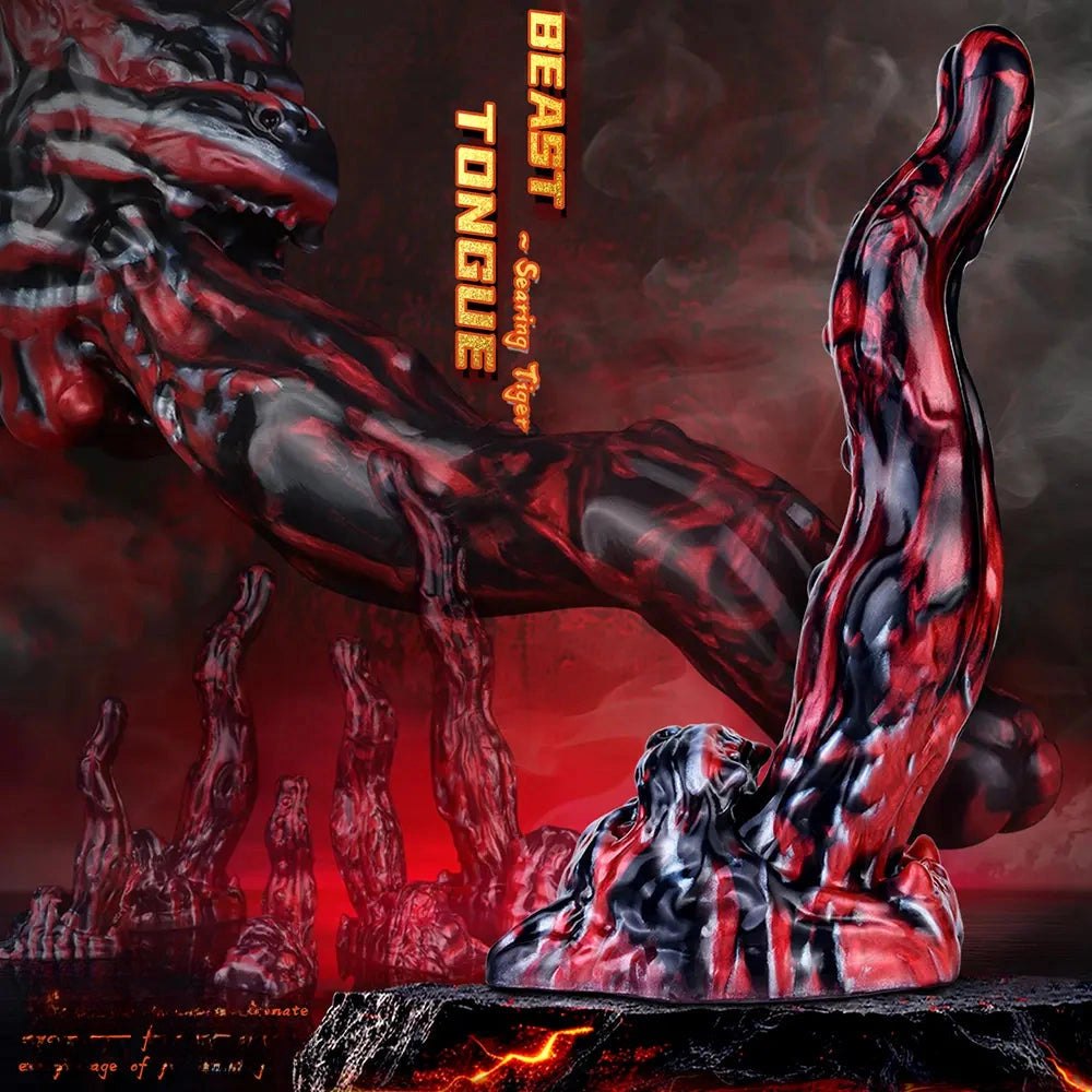 Red and black marbled silicone creature fantasy dildo, photo 5