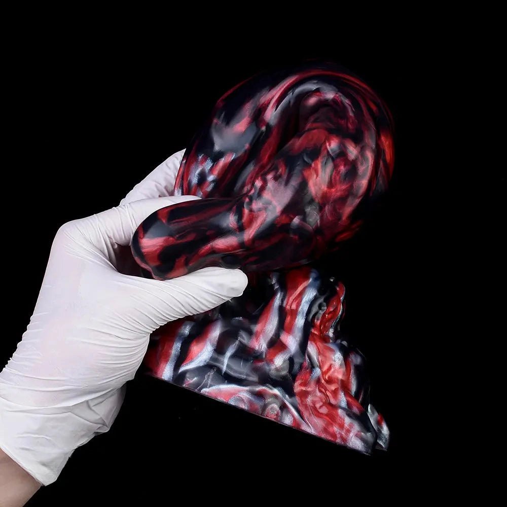Red and black marbled silicone creature fantasy dildo, photo 6