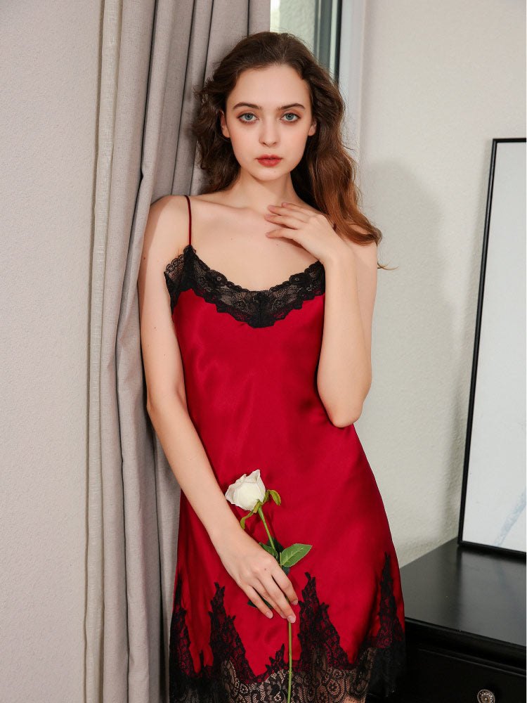 Red mulberry silk hollow out camisole nightgown