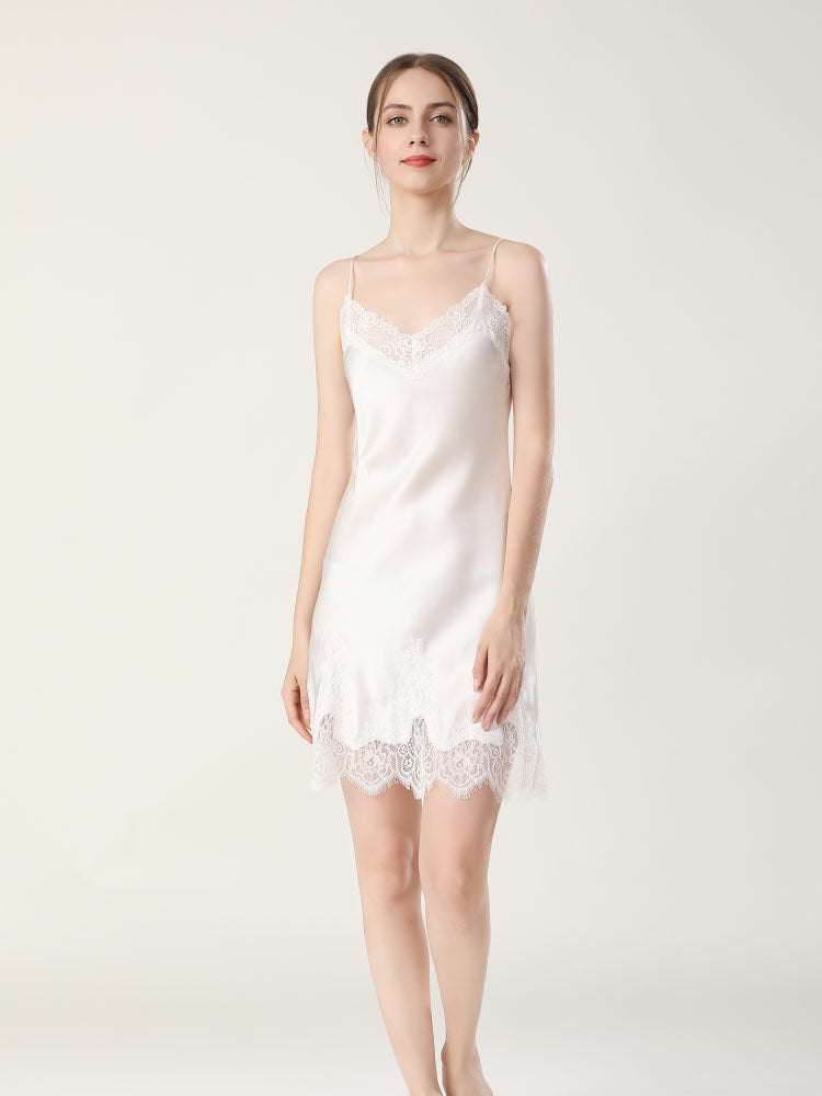 White mulberry silk v neck lace nightgown