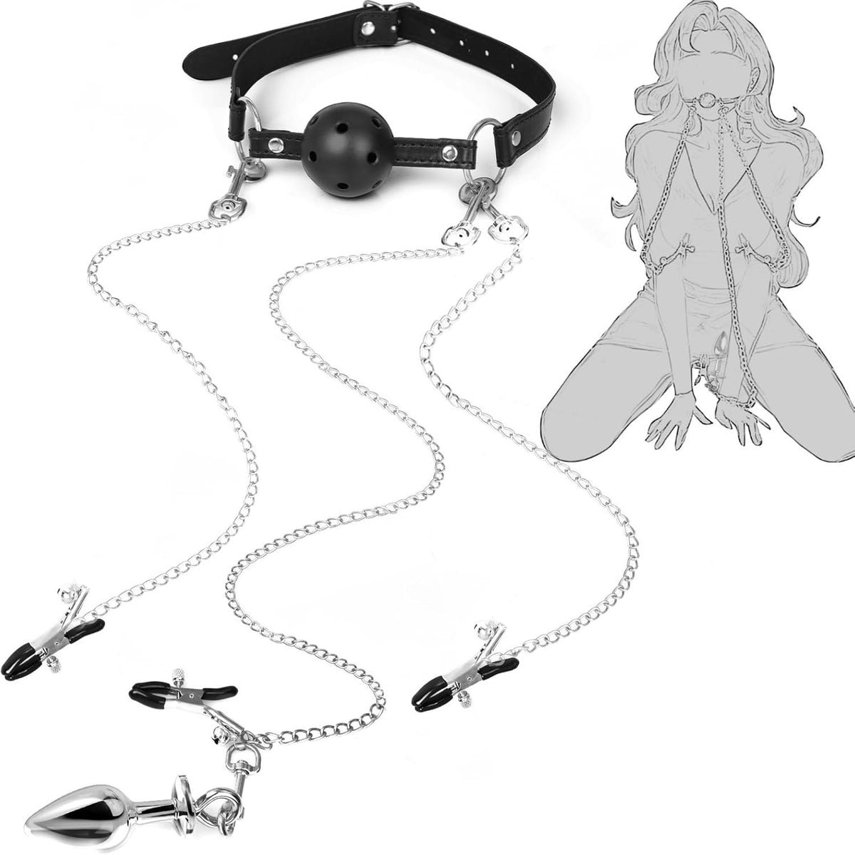 Black BDSM bondage set with ball gag nipple clamps and anal plug, photo 1