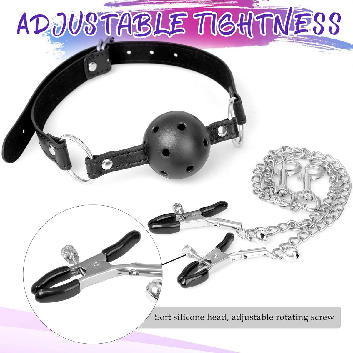 Black BDSM bondage set with ball gag nipple clamps and anal plug, photo 2