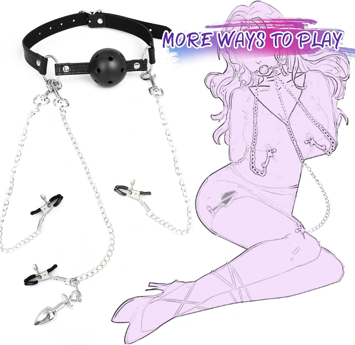 Black BDSM bondage set with ball gag nipple clamps and anal plug, photo 3