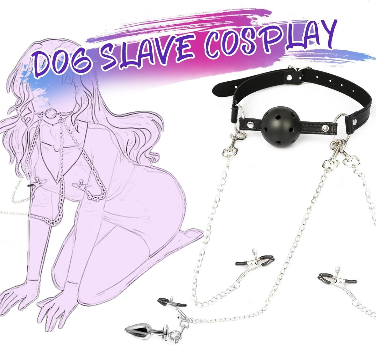 Black BDSM bondage set with ball gag nipple clamps and anal plug, photo 4