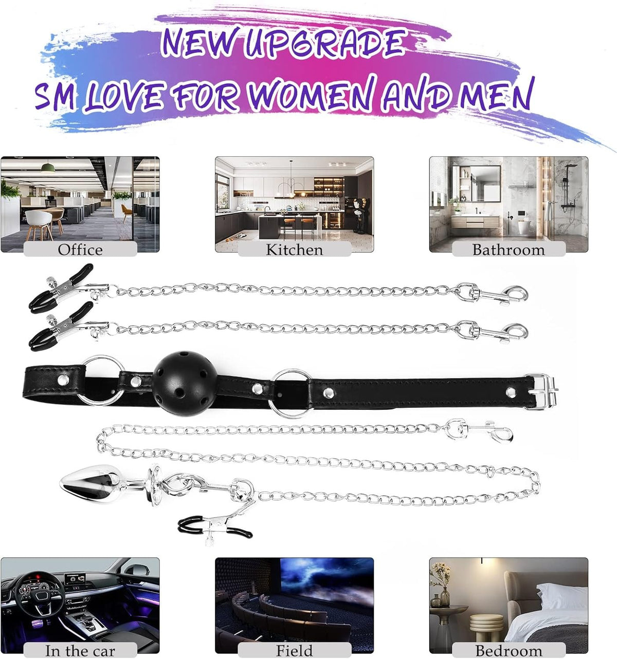 Black BDSM bondage set with ball gag nipple clamps and anal plug, photo 6