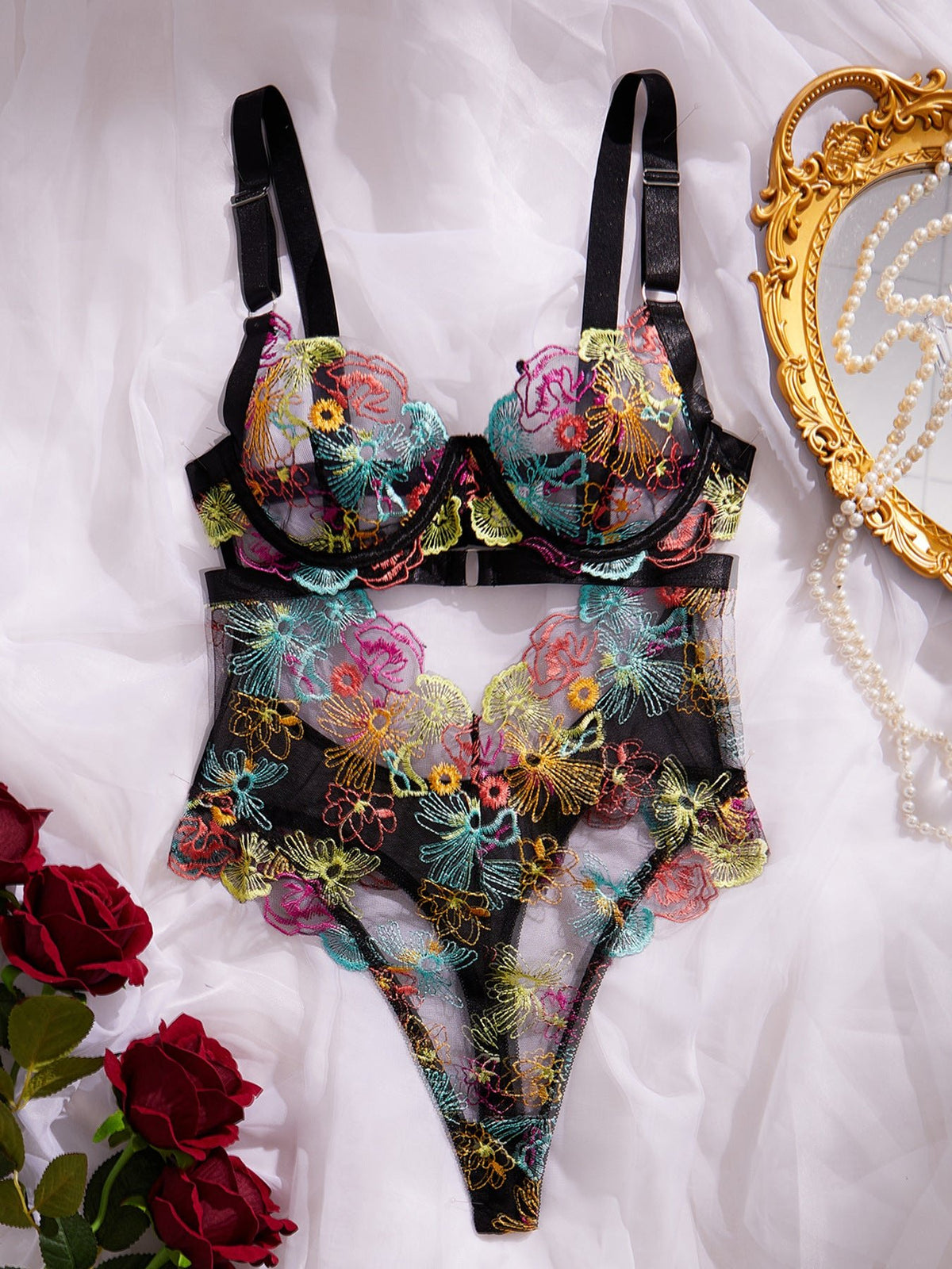 Black multicolor floral embroidered mesh bodysuit