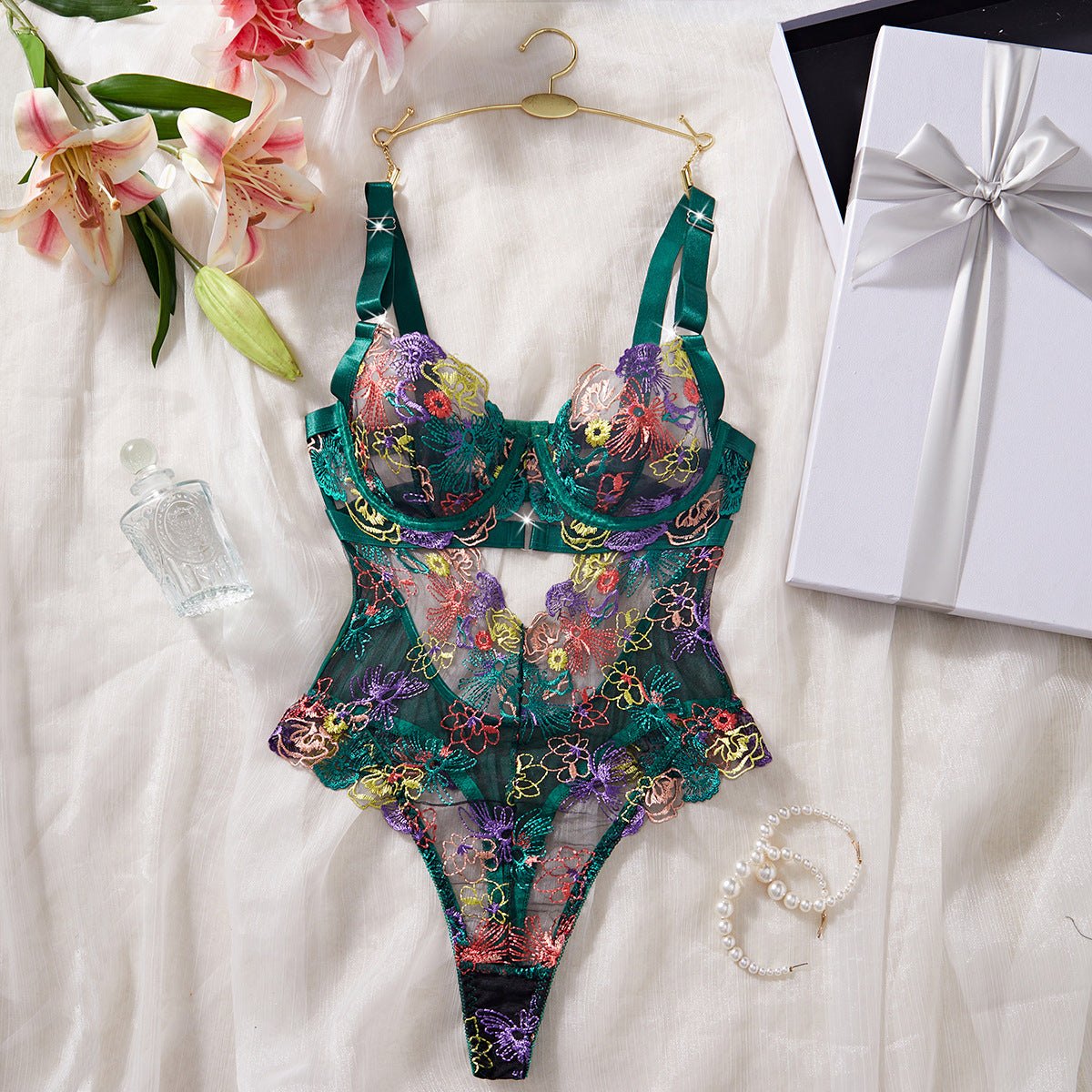 Green multicolor floral embroidered mesh bodysuit