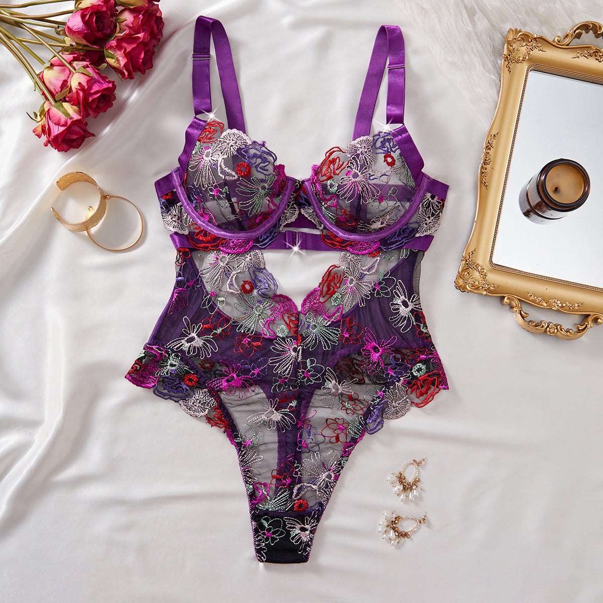 Purple multicolor floral embroidered mesh bodysuit