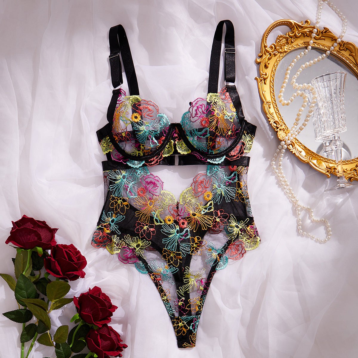 Multicolor floral embroidered mesh bodysuit, photo 1