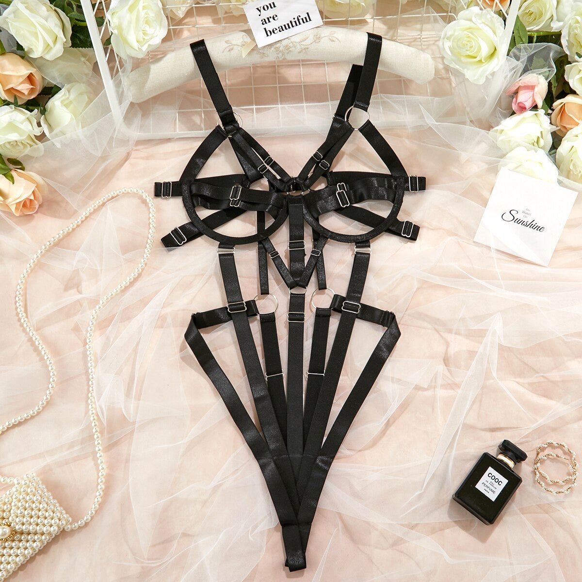 Black multicolor strappy cutout bodysuit