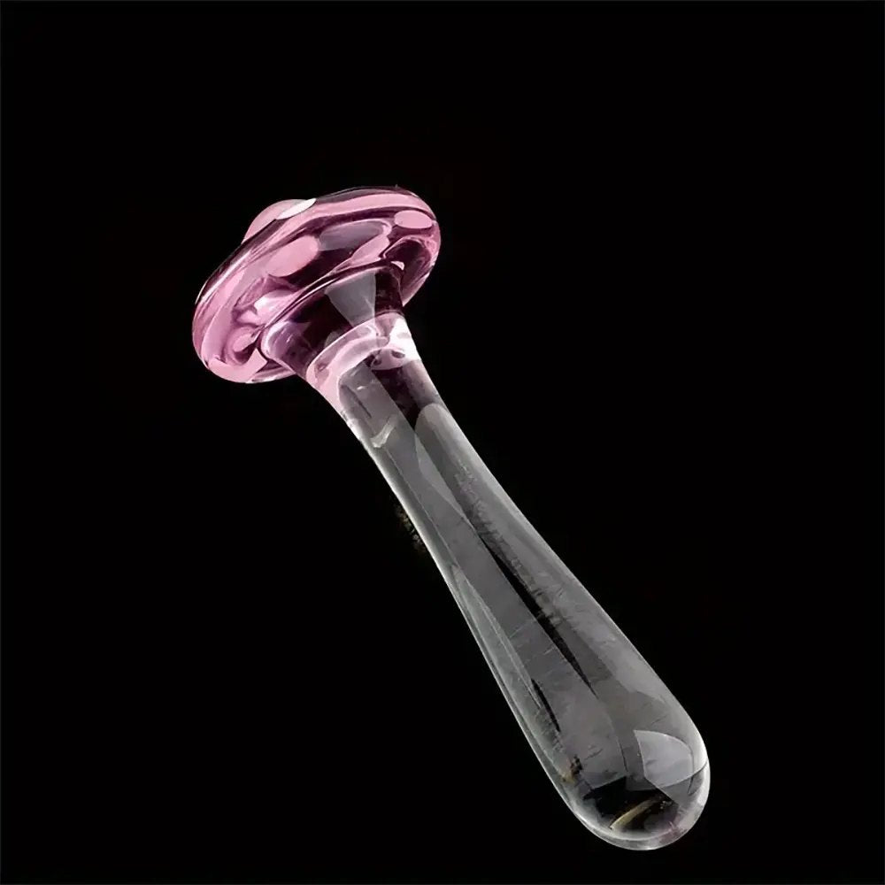 Pink mushroom cap glass dildo with marbled swirl