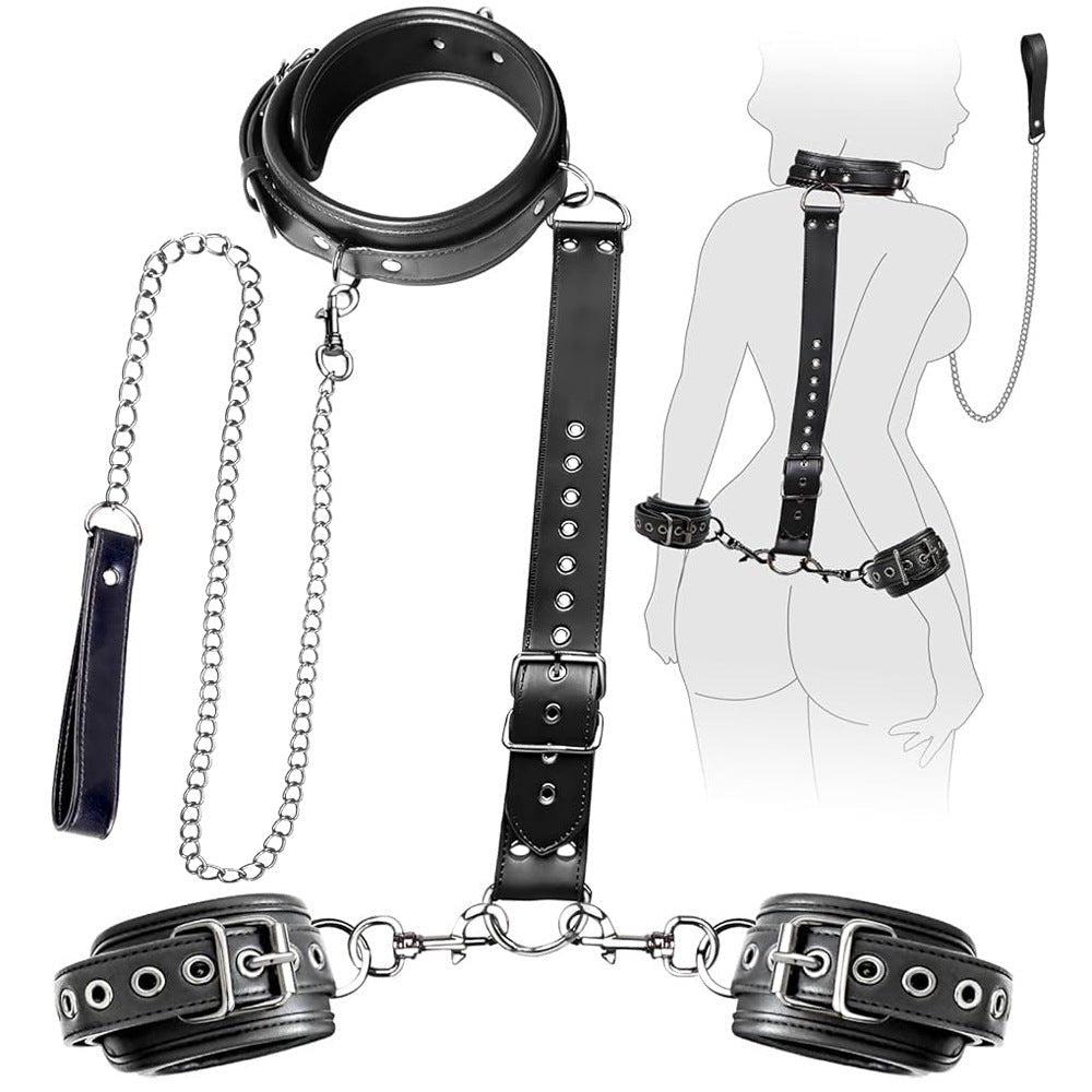 PU leather and metal neck to wrist restraint kit with chain, photo 1