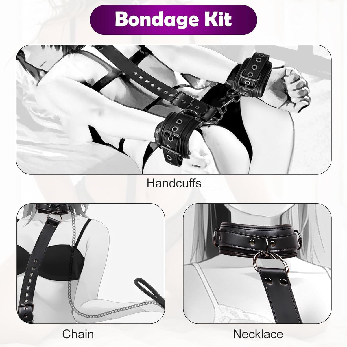 PU leather and metal neck to wrist restraint kit with chain, photo 2
