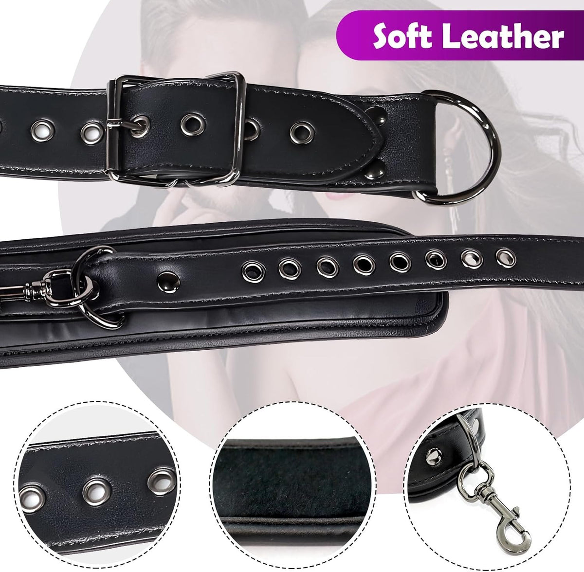 PU leather and metal neck to wrist restraint kit with chain, photo 3