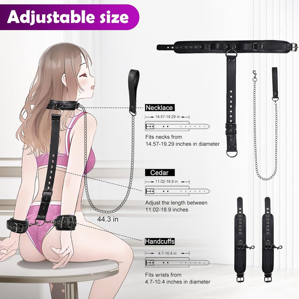 PU leather and metal neck to wrist restraint kit with chain, photo 6