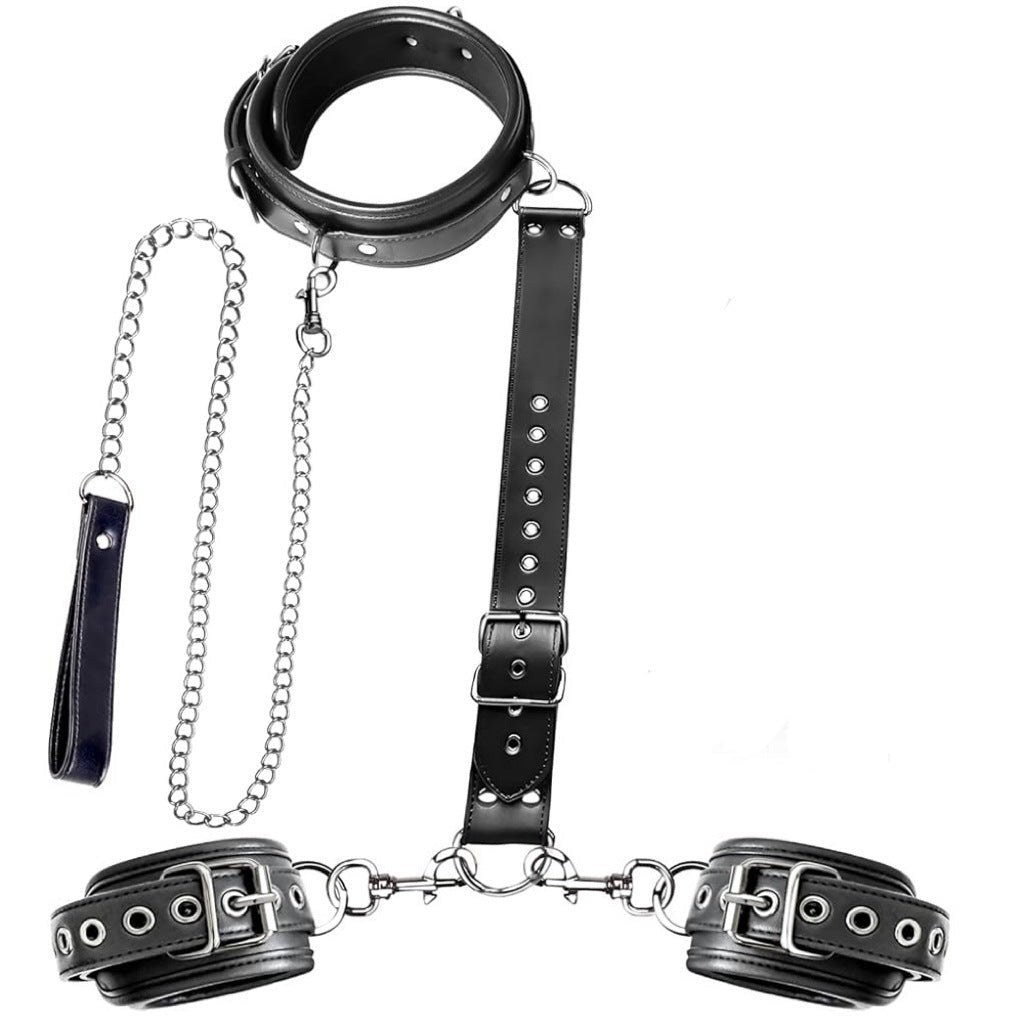 PU leather and metal neck to wrist restraint kit with chain, photo 7