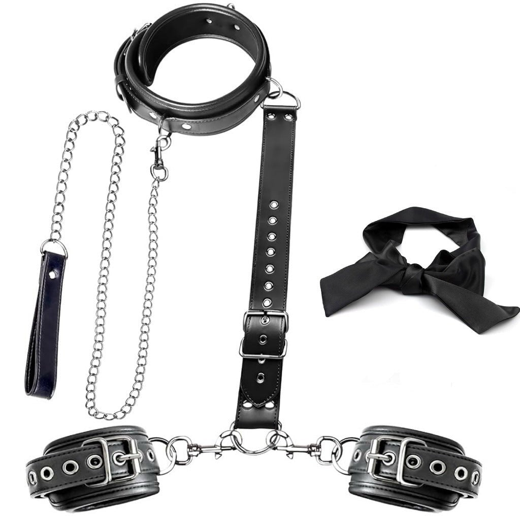 PU leather and metal neck to wrist restraint kit with chain, photo 8