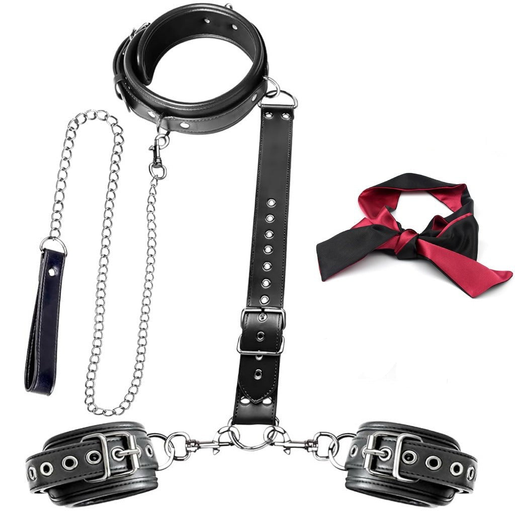PU leather and metal neck to wrist restraint kit with chain, photo 9
