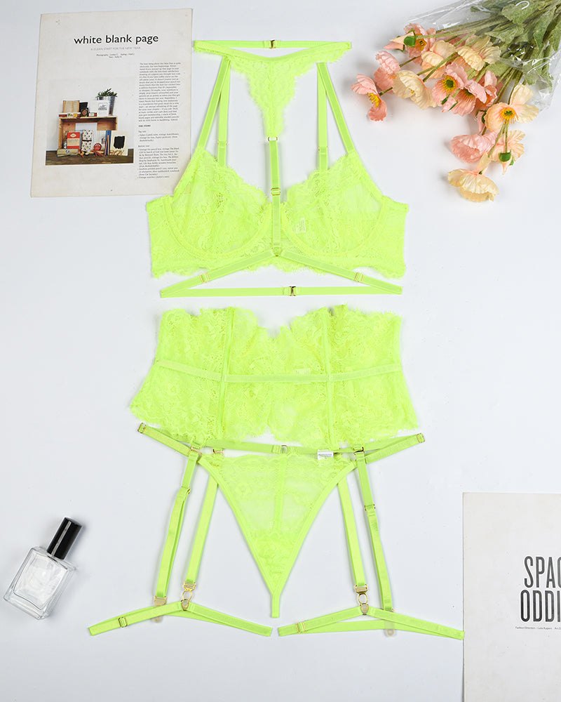 Neon green eyelash lace harness garter set, photo 4