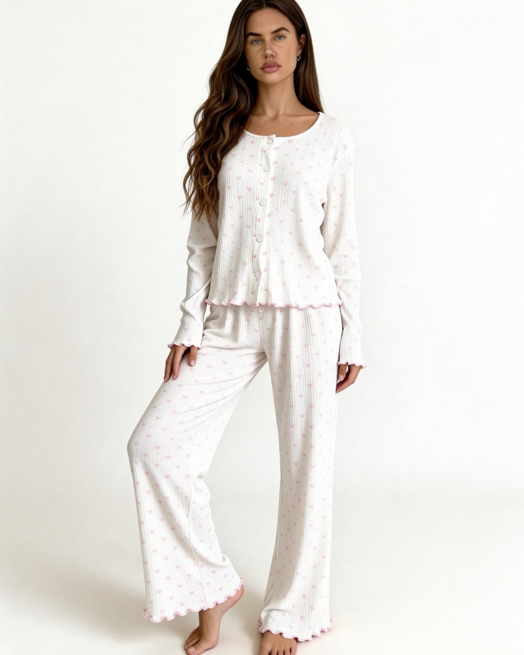 Off-white ribbed pajama set with pink heart print, photo 1