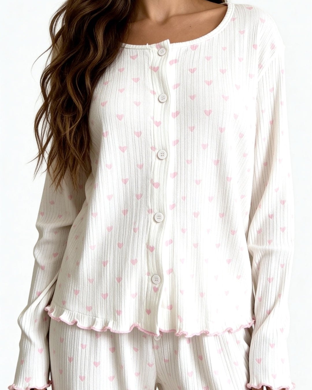 Off-white ribbed pajama set with pink heart print, photo 2