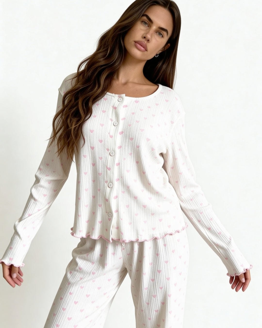 Off-white ribbed pajama set with pink heart print, photo 3