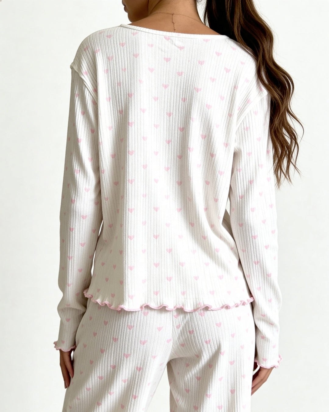 Off-white ribbed pajama set with pink heart print, photo 4