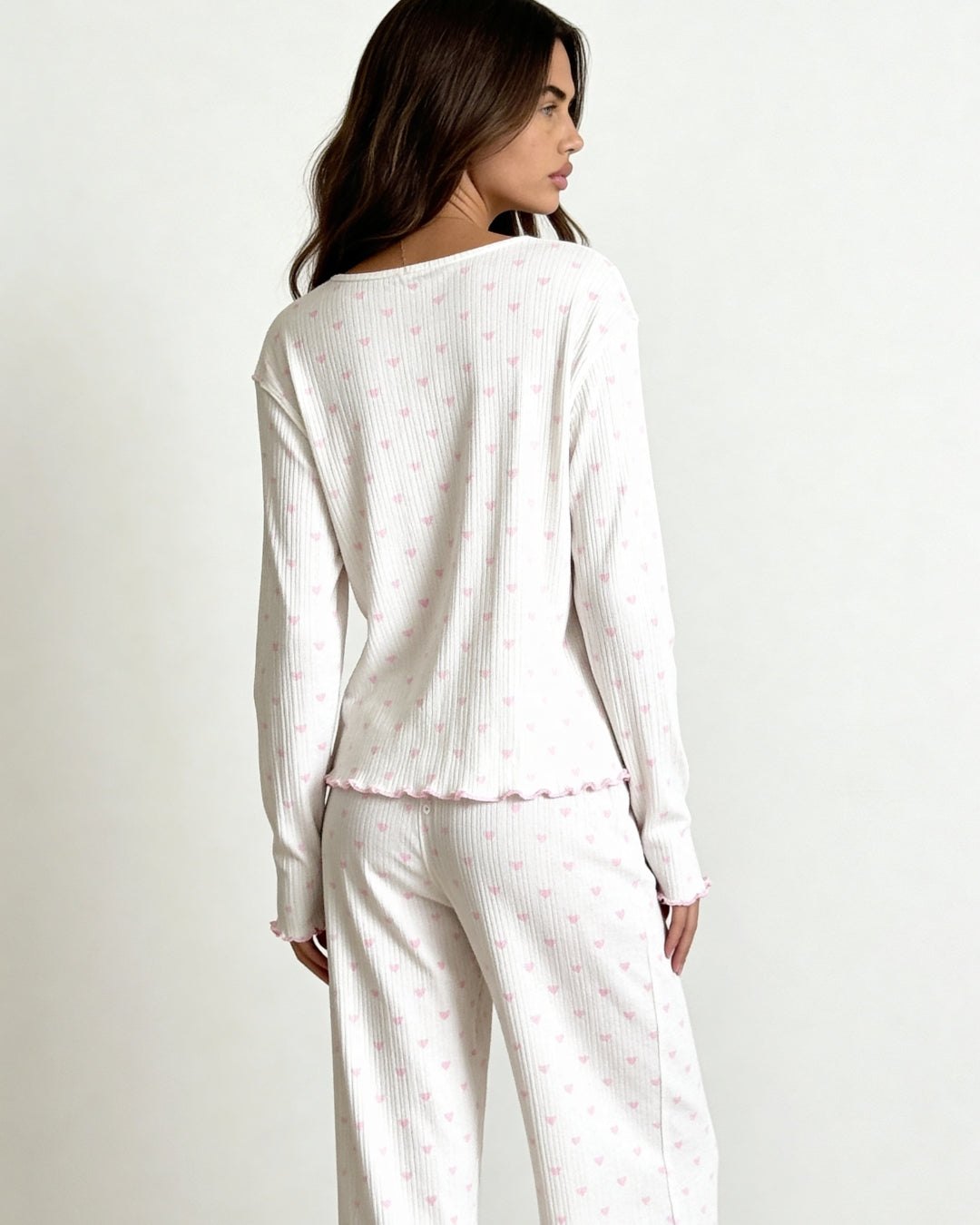 Off-white ribbed pajama set with pink heart print, photo 5