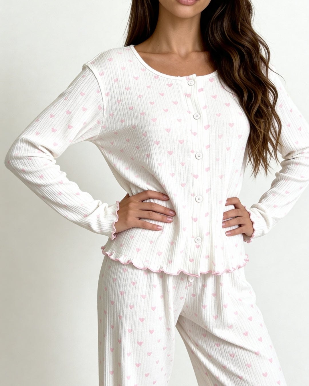 Off-white ribbed pajama set with pink heart print, photo 6