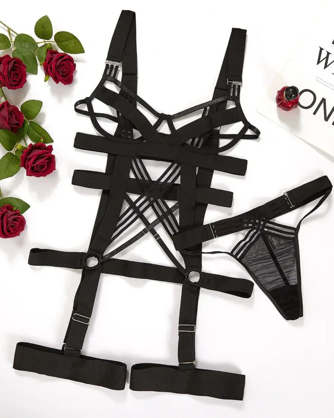 Black crotchless harness bodysuit with leg garters, photo 7