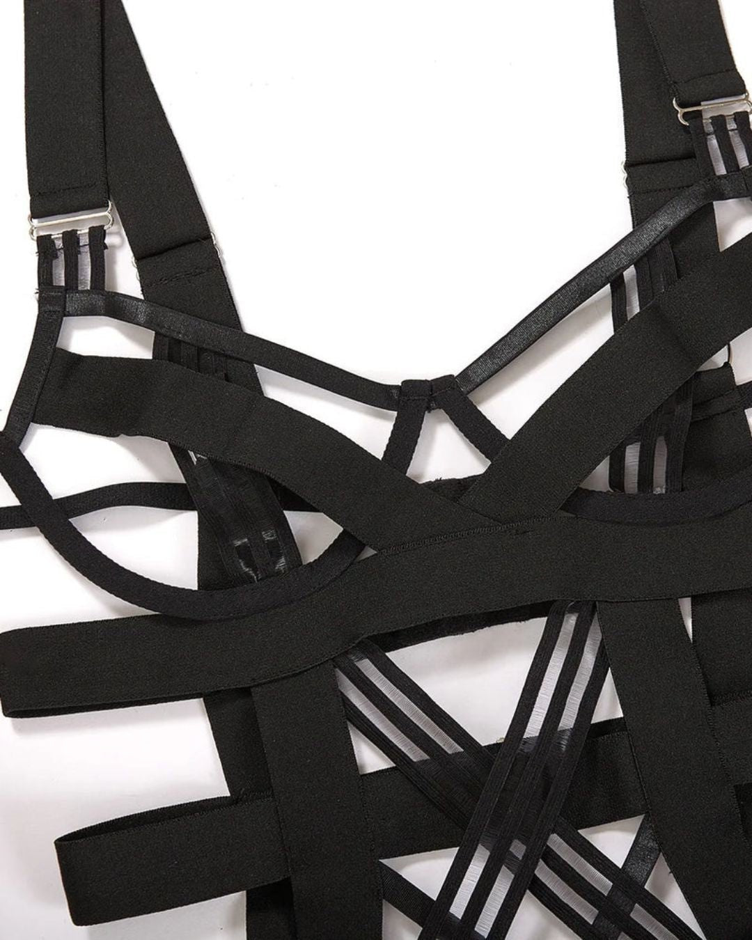 Black crotchless harness bodysuit with leg garters, photo 8