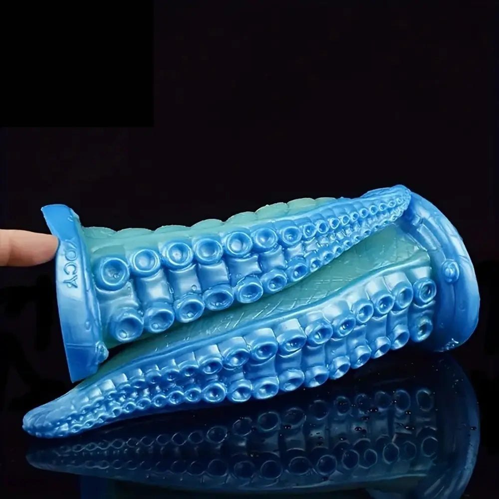 Blue silicone tentacle fantasy dildo with suckered texture, photo 2
