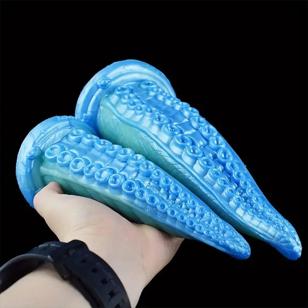 Blue silicone tentacle fantasy dildo with suckered texture, photo 4
