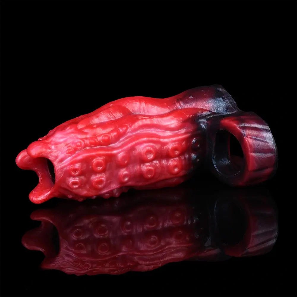 Red tentacle-textured silicone fantasy dildo, photo 7