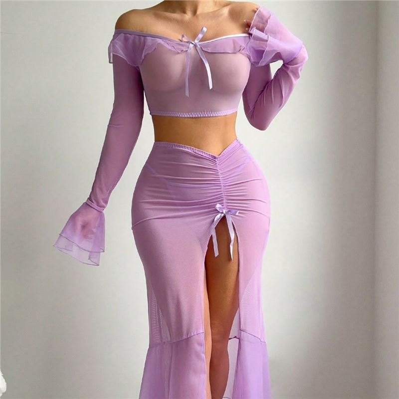 Off shoulder mesh ruffle crop top skirt set, photo 3