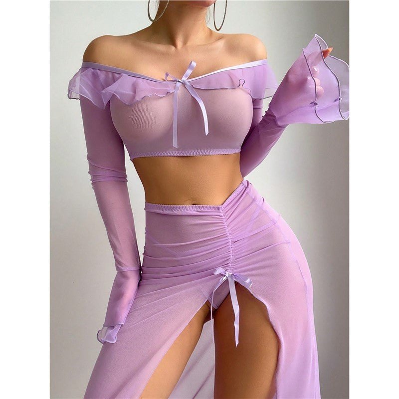 Off shoulder mesh ruffle crop top skirt set, photo 4