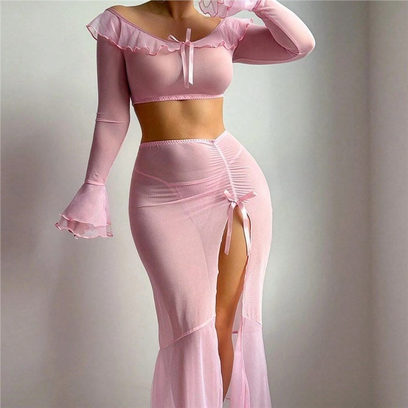 Off shoulder mesh ruffle crop top skirt set, photo 5