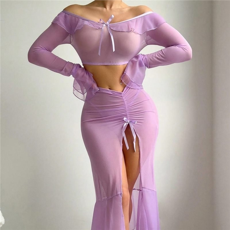 Off shoulder mesh ruffle crop top skirt set, photo 6