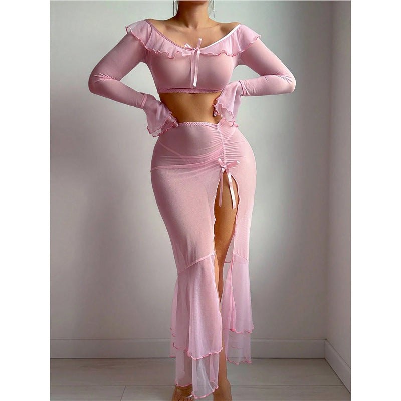 Off shoulder mesh ruffle crop top skirt set, photo 7