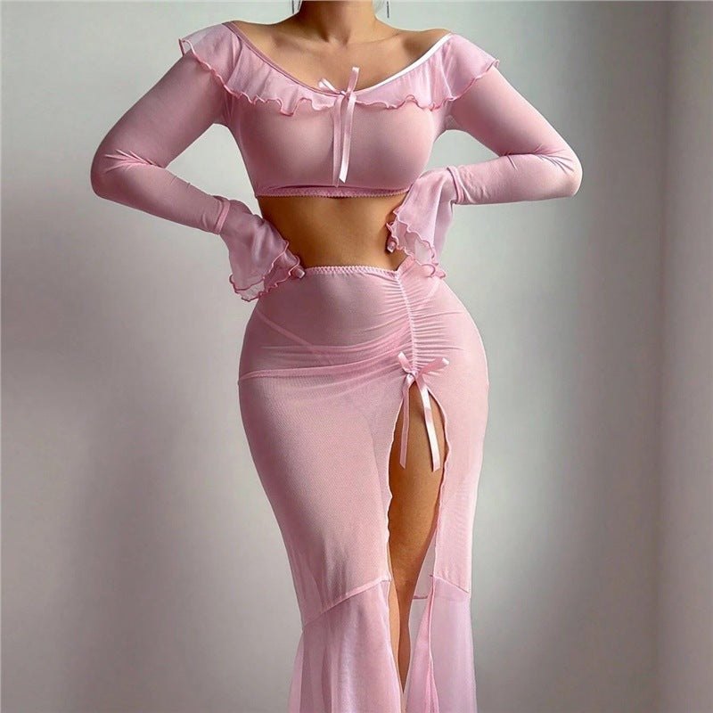 Off shoulder mesh ruffle crop top skirt set, photo 8