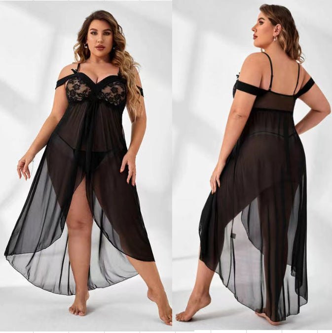 Black off shoulder sheer lace long chemise